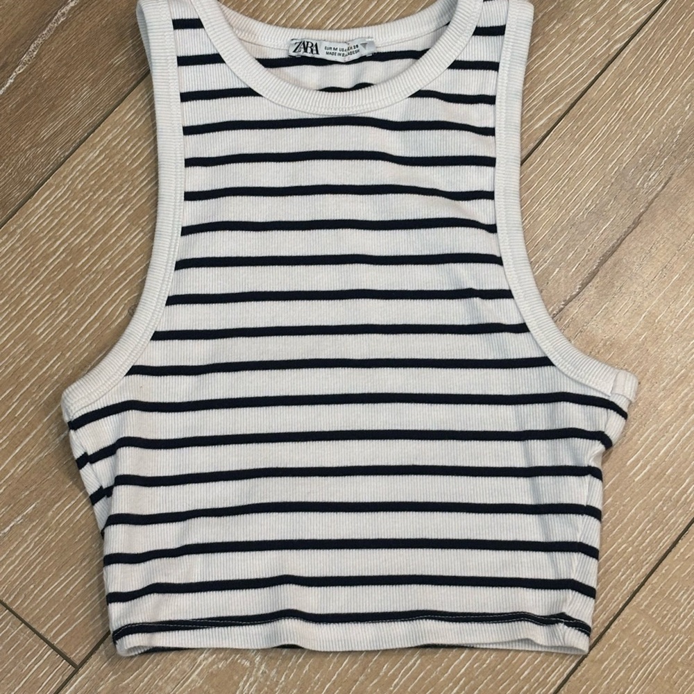 Zara Striped High-Neck‎ Ribbed Crop Tank Top